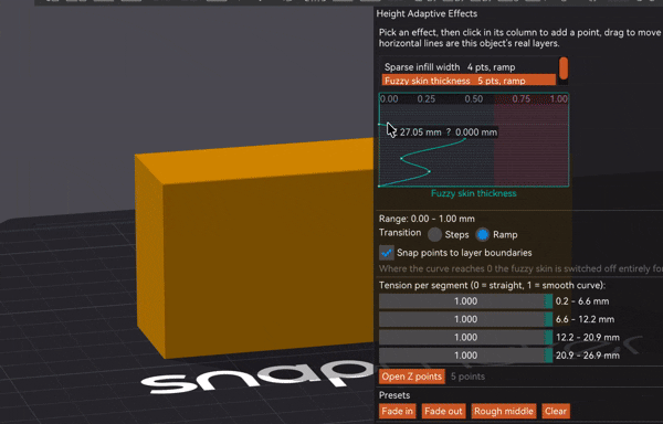 The Height Adaptive Effects gizmo: drawing a curve over the object's real layer bands and watching the affected band highlight on the model