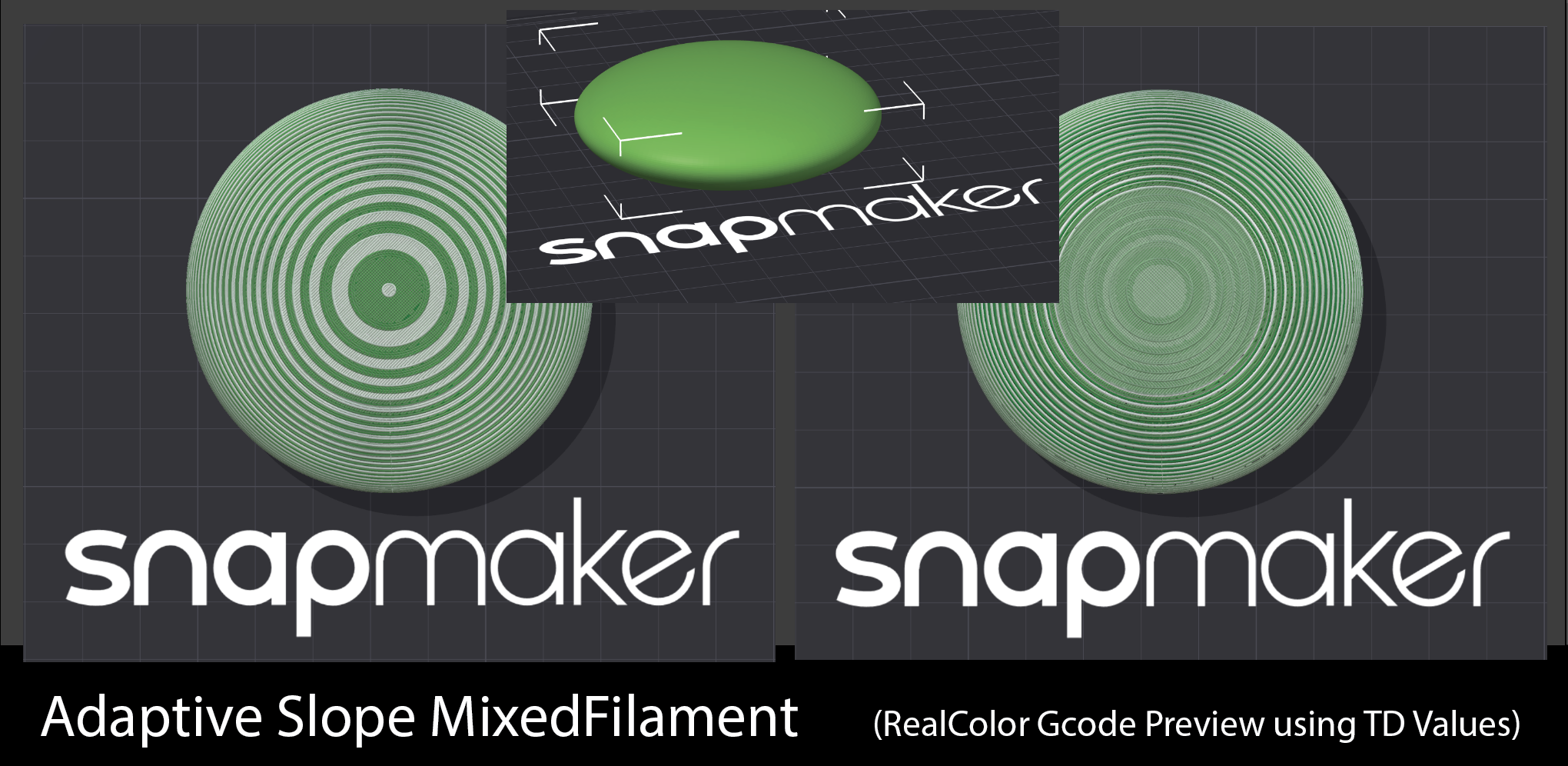 RealColor G-code preview of an adaptive slope with MixedFilament: default on the left, everything on plus Sandwich auto TD on the right