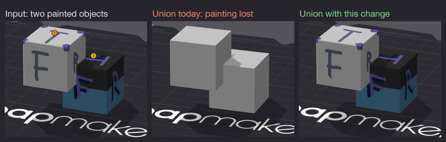 Two painted cubes: before, a Union came out plain grey; now it keeps every stroke and the colour of each cube