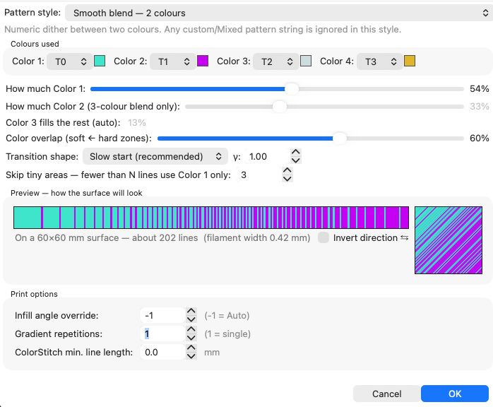 The redesigned ADV dialog: a Pattern style selector at the top, and below it only the controls belonging to the style you picked