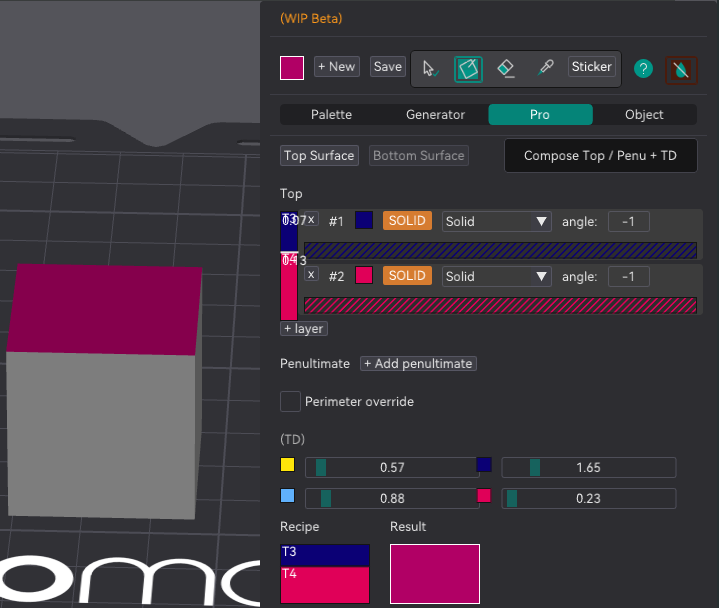 Pro department showing the recipe behind that colour: two solid passes, T3 then T4, with Recipe and Result previews