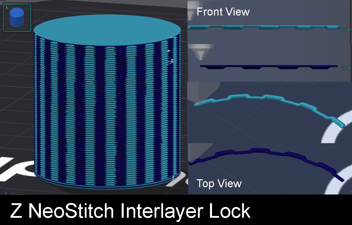 Alternating notch and fill segments on a cylinder wall: front view, and top view showing the phase flip between layers