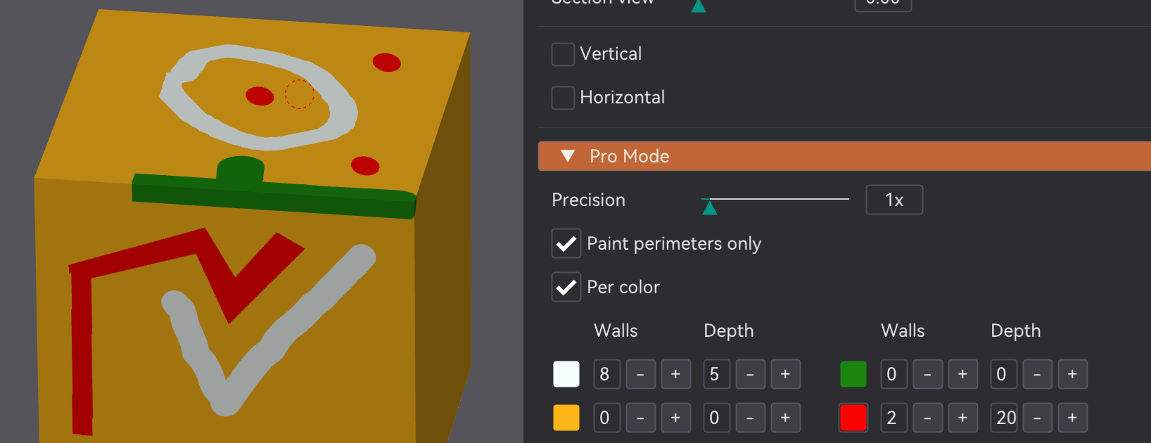 The Pro Mode per-colour table assigning different Walls and Depth values per painted colour