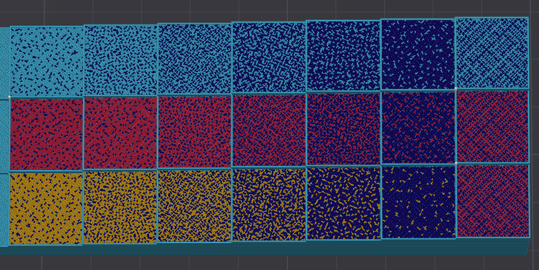 G-code preview of three rows of test tiles, each row sweeping the mix ratio of one filament against a dark blue, dithered along a Hilbert Curve infill. In G-code view the dither reads as scattered fragments