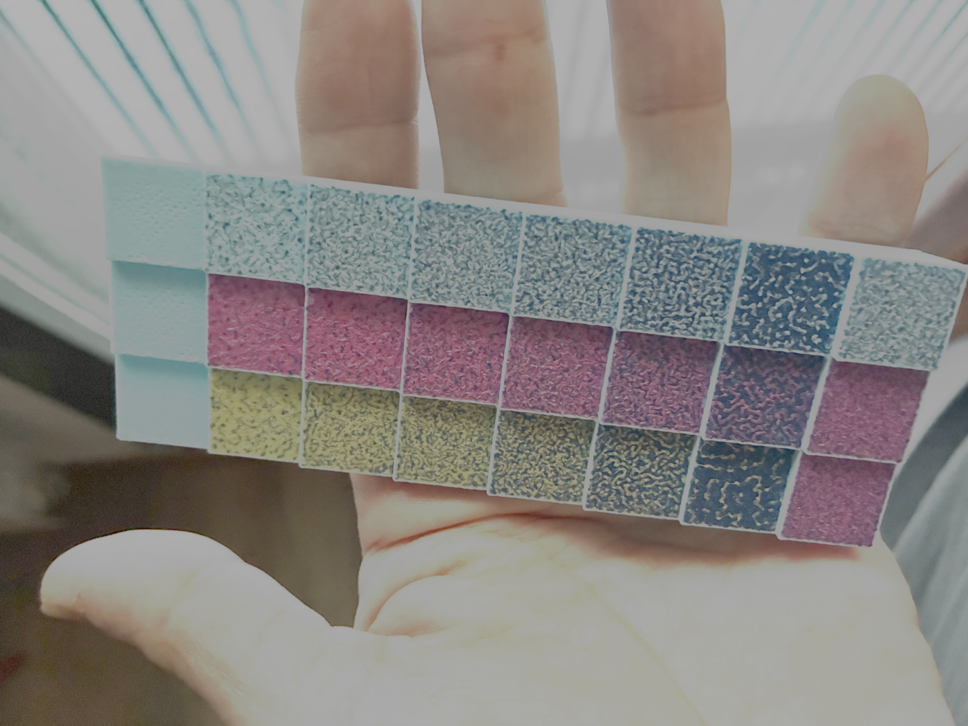 The same tiles printed: what looked like noise in the G-code view resolves into continuous tone