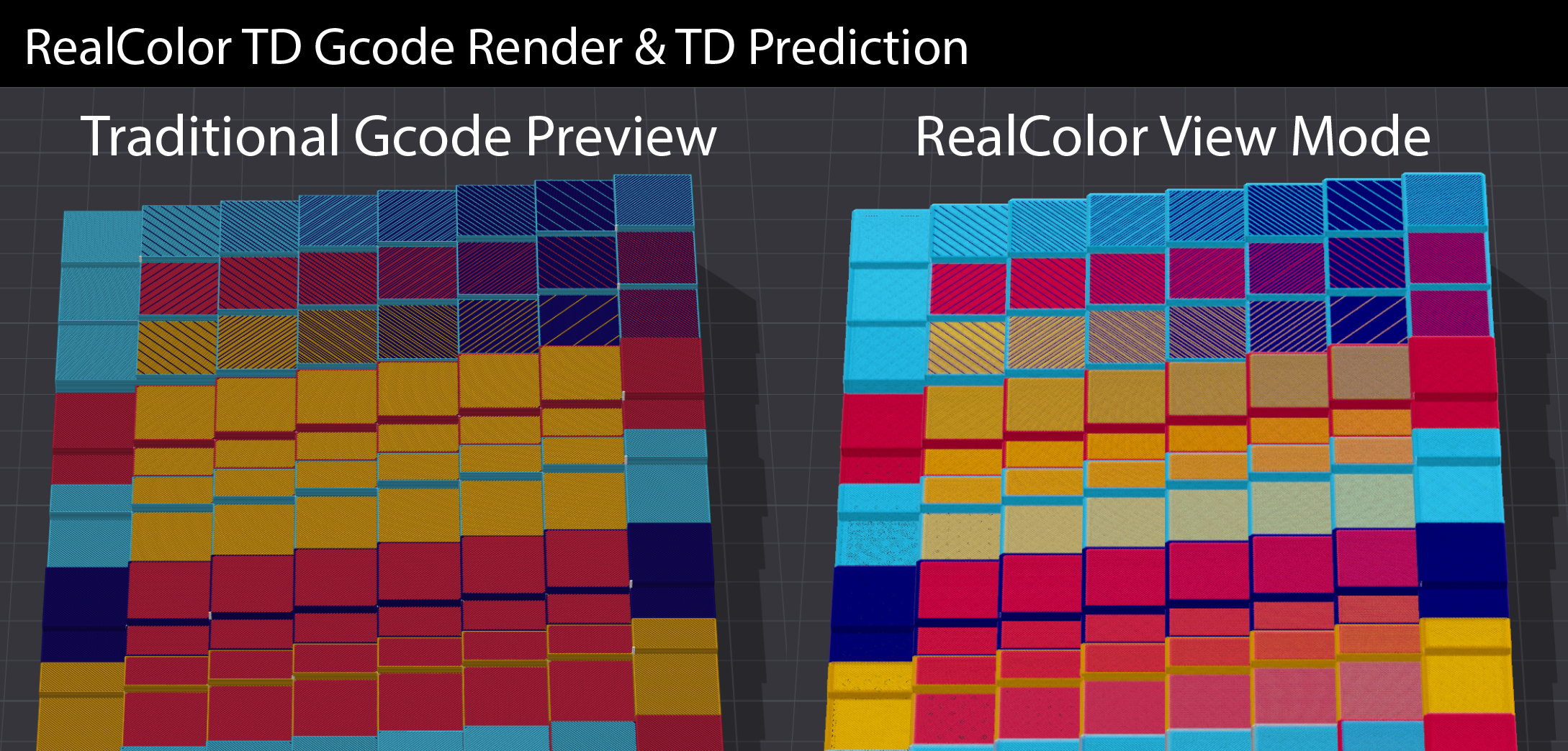 Side by side on the same G-code: on the left the traditional preview where every extrusion is drawn in its filament's raw colour and each surface reads as hard diagonal stripes of blue, pink and orange; on the right RealColor, where those stripes resolve into a single blended tone