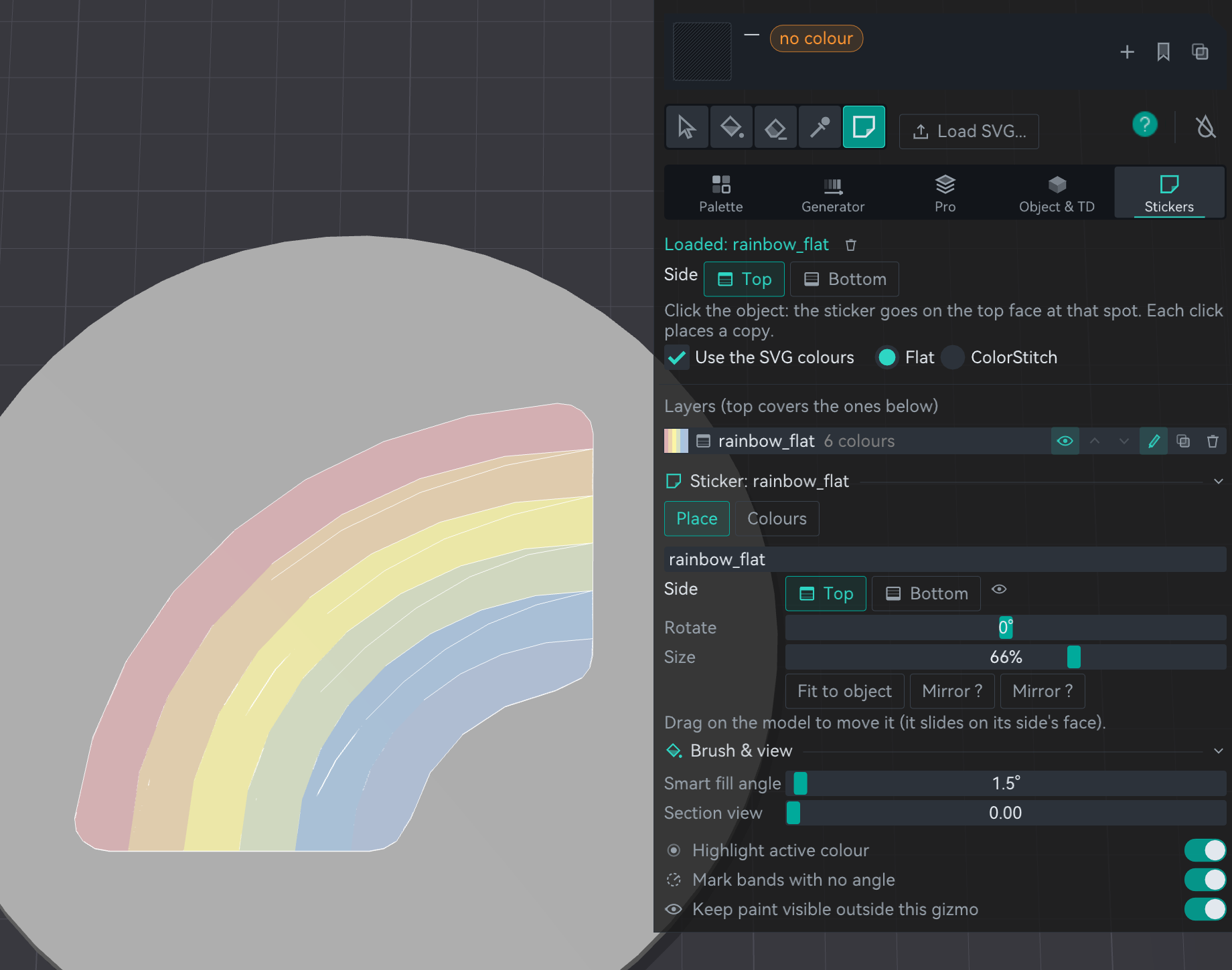 The rainbow sticker placed on the disc, with the Stickers tab open on Place: side, rotate, size and the layer list