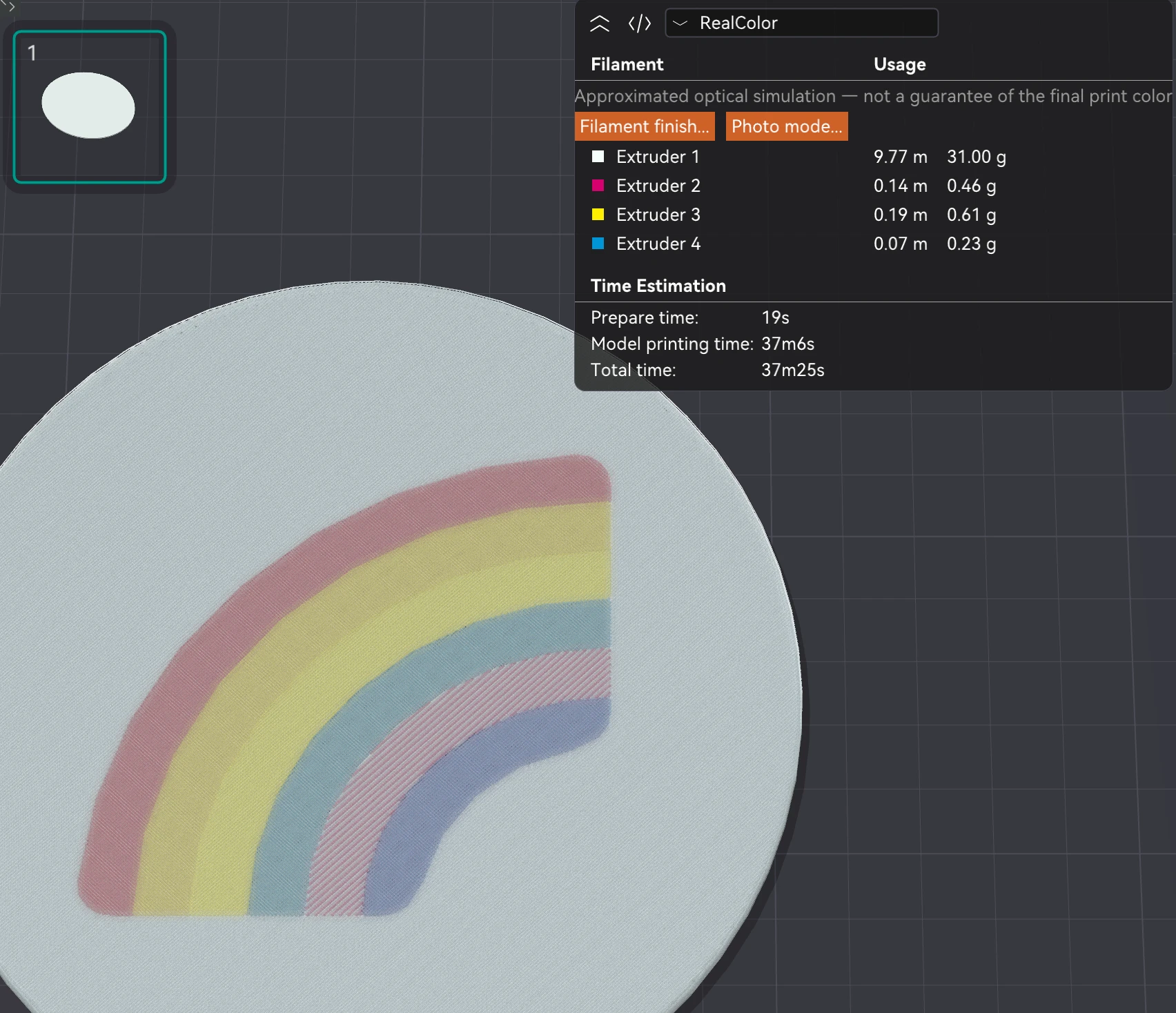 The sliced disc in RealColor after the change: one band of the rainbow is now a fine pink and white stripe