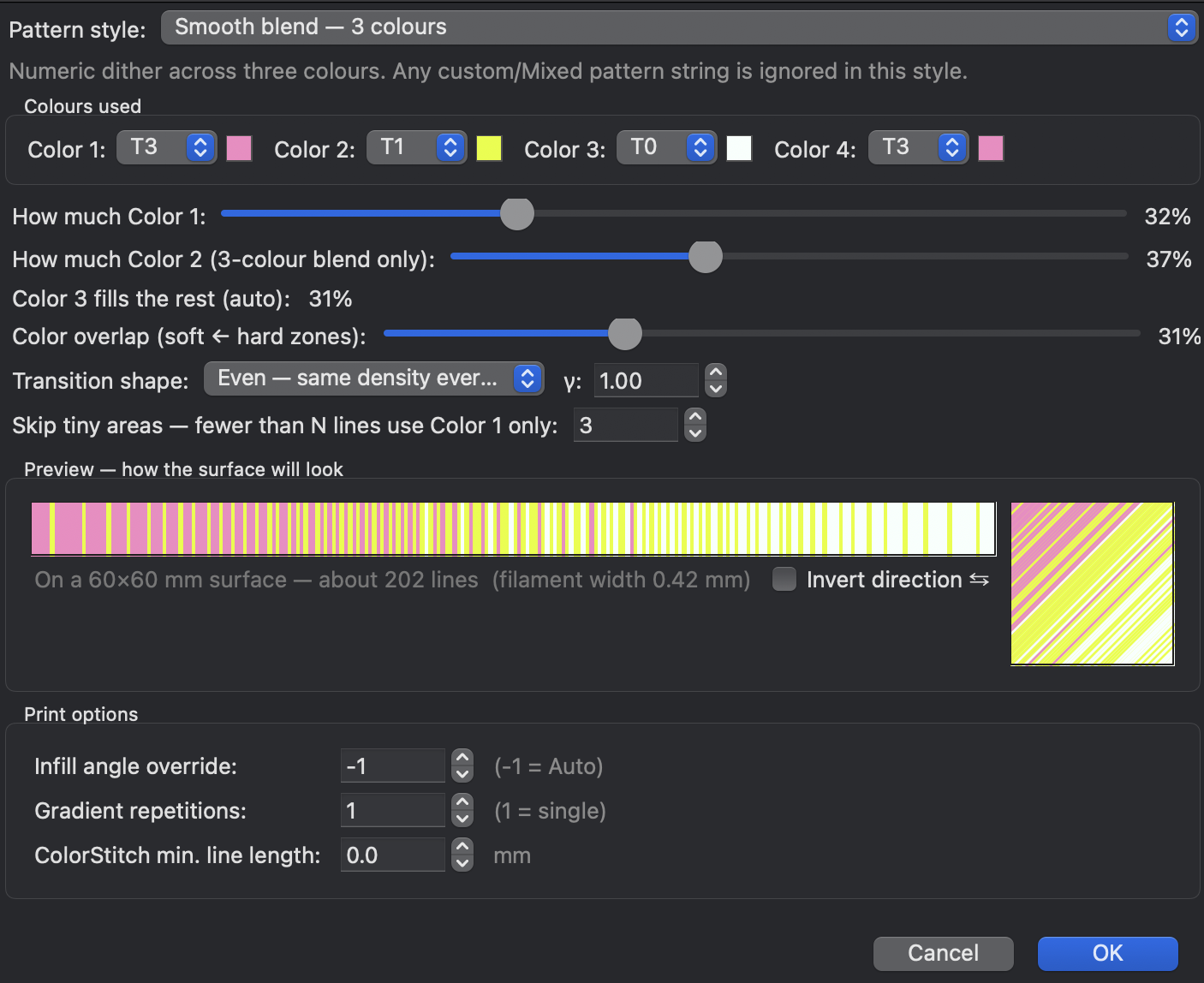 Smooth blend with three colours at 32% and 37%, the third auto-filling the remaining 31%, 31% overlap and an Even transition, with the line strip and a square sample drawn at the pass angle