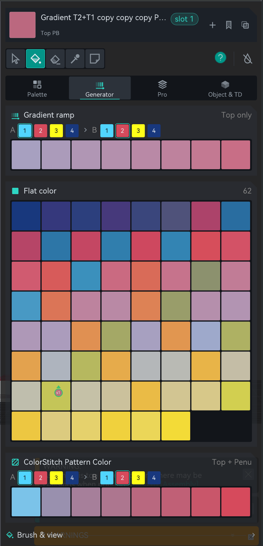 Generator department: three cards, Gradient ramp, Flat color and ColorStitch Pattern Color, each a grid of eight swatches per row, two of them with an A and B row of numbered filament chips