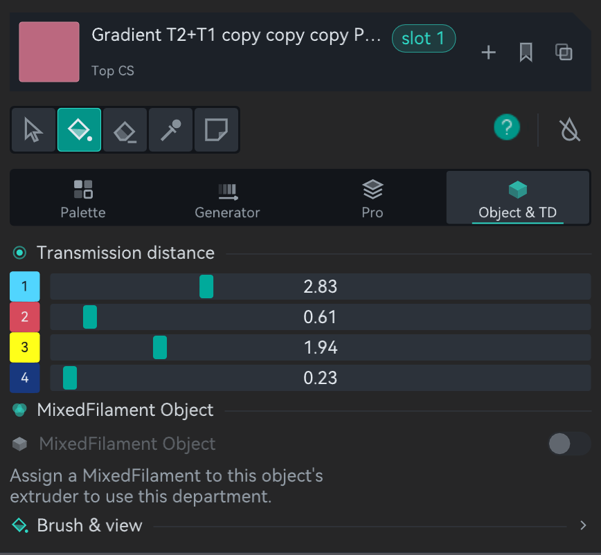 The Object and TD department of the ColorStitch Painter: one Transmission distance slider per filament, and the MixedFilament Object switch greyed out with its reason underneath
