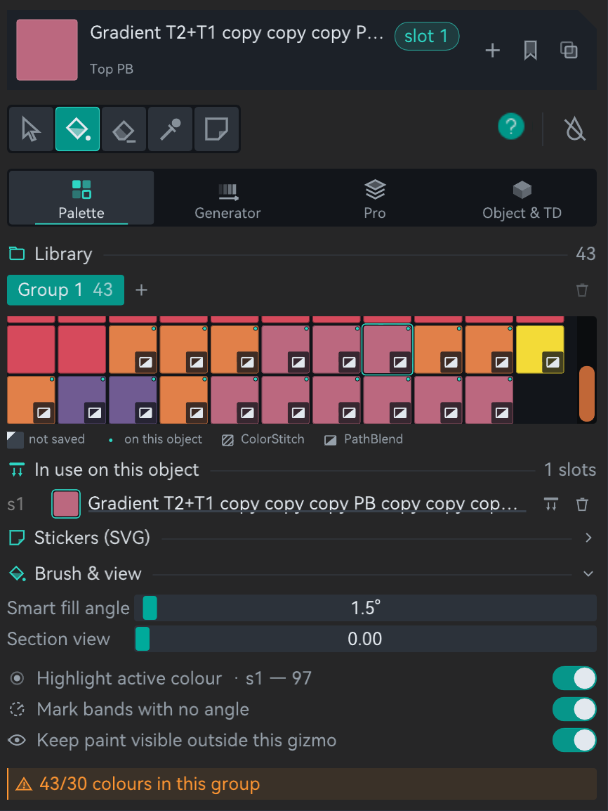 Palette department: the active colour card and toolbar on top, the Library with its group chip, a grid of swatches with corner marks, the In use on this object row, Stickers folded, Brush and view open with two sliders and three switches, and one amber warning at the bottom